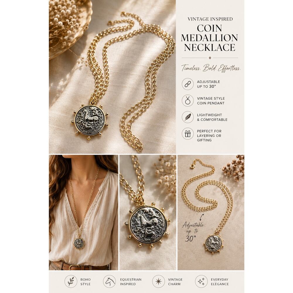 Equestrian Inspired Coin Pendant Necklace – 30” Adjustable Layering Chain - Picture 9 of 11